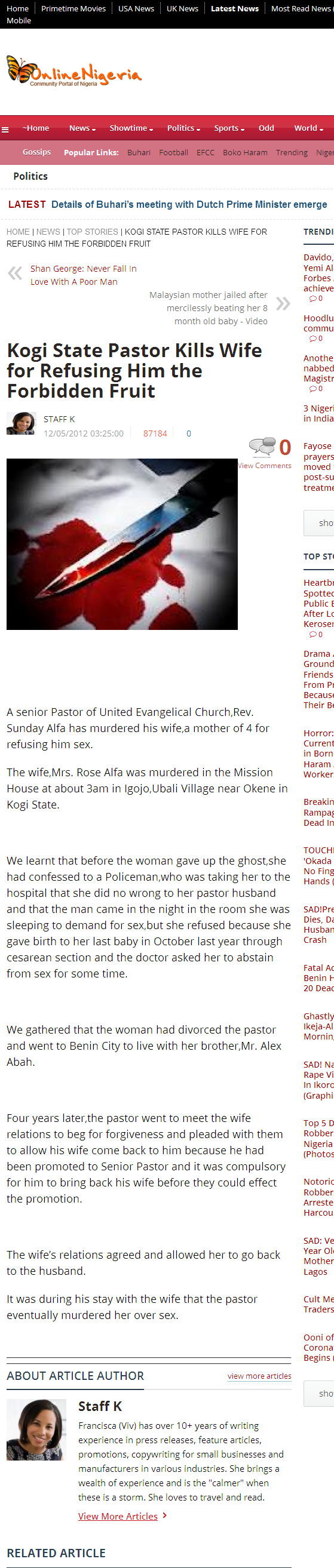 Pastor kills wife refusing forbidden fruit